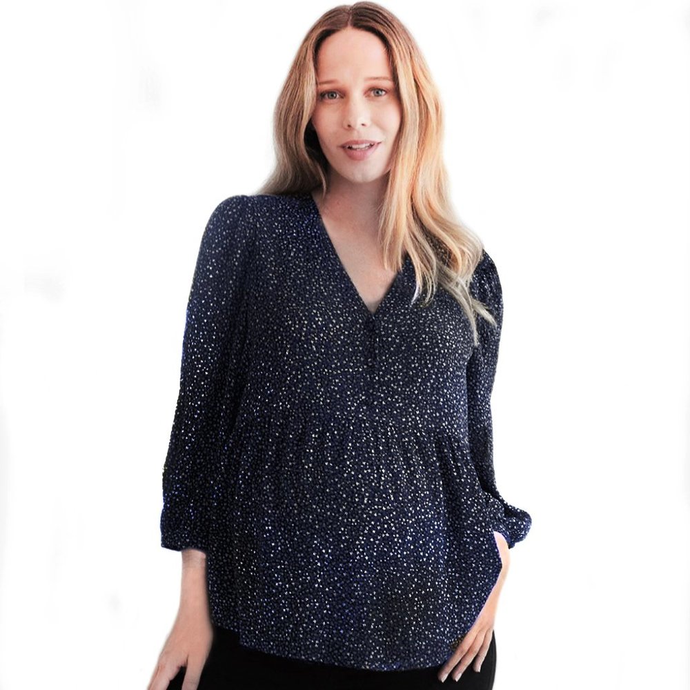 RW & CO. Women's V-Neck Maternity Blouse Long Puffy Sleeve